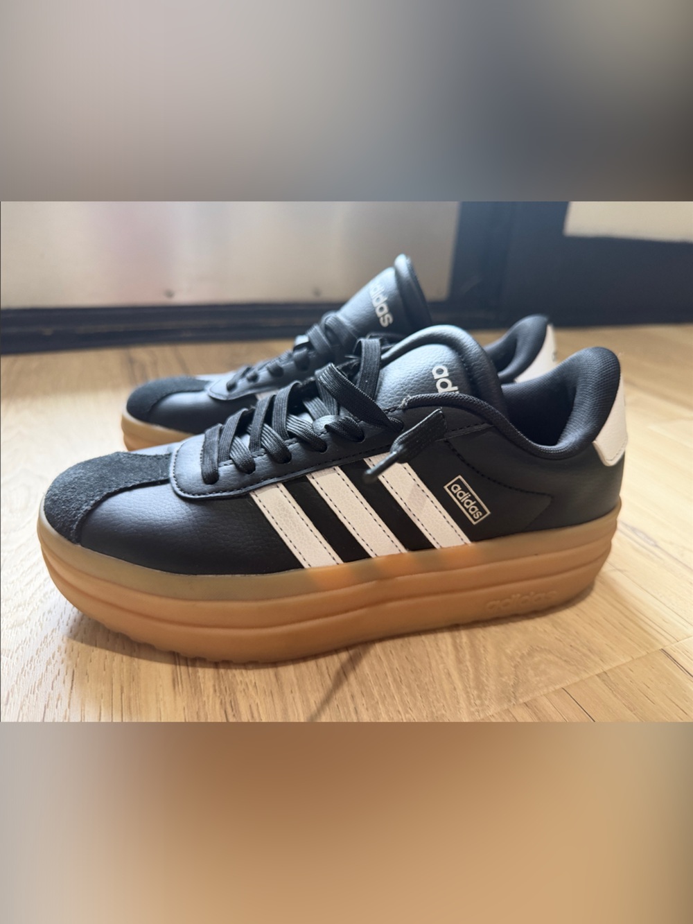 adidas Black Sneakers with White Stripes and Gum Sole